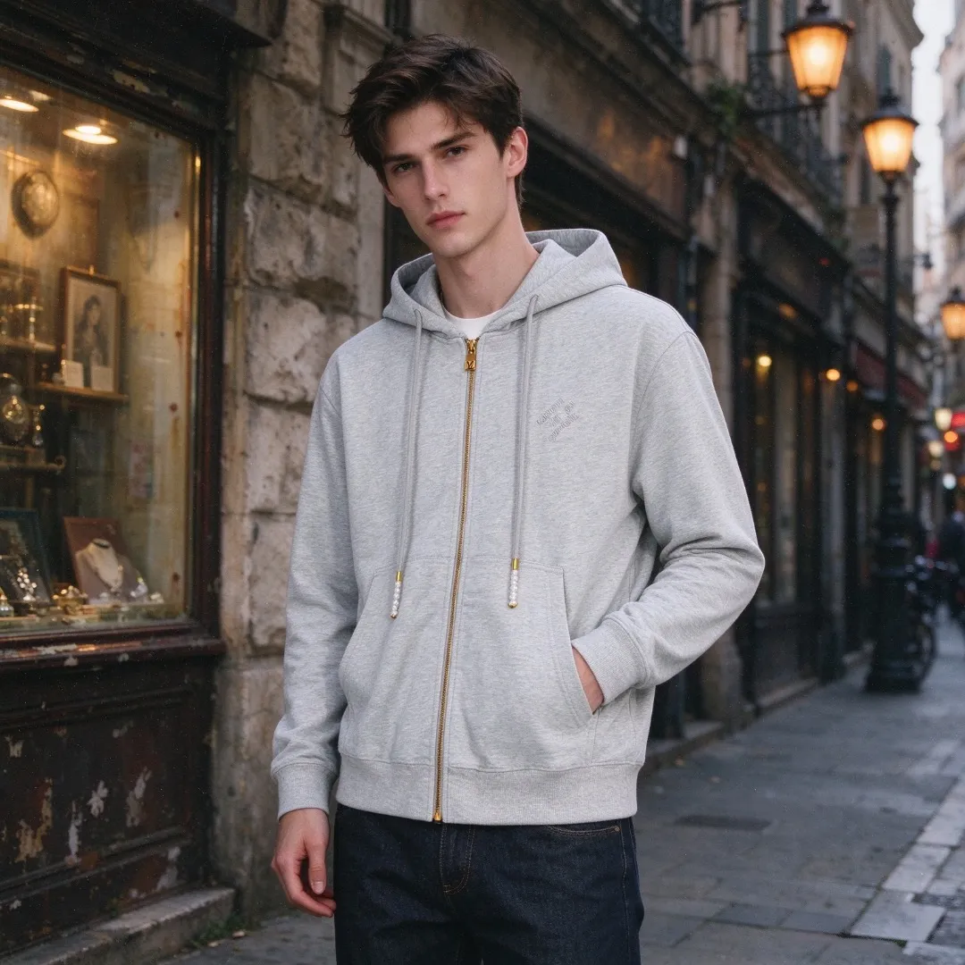 Louis Vuitton/Louis Vuitton Pearl Drawstring Letter Embroidered Zip Hooded Jacket